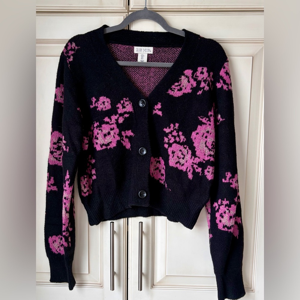 NWOT ruby moon Black Cardigan with Pink Floral Jacquard. Large.